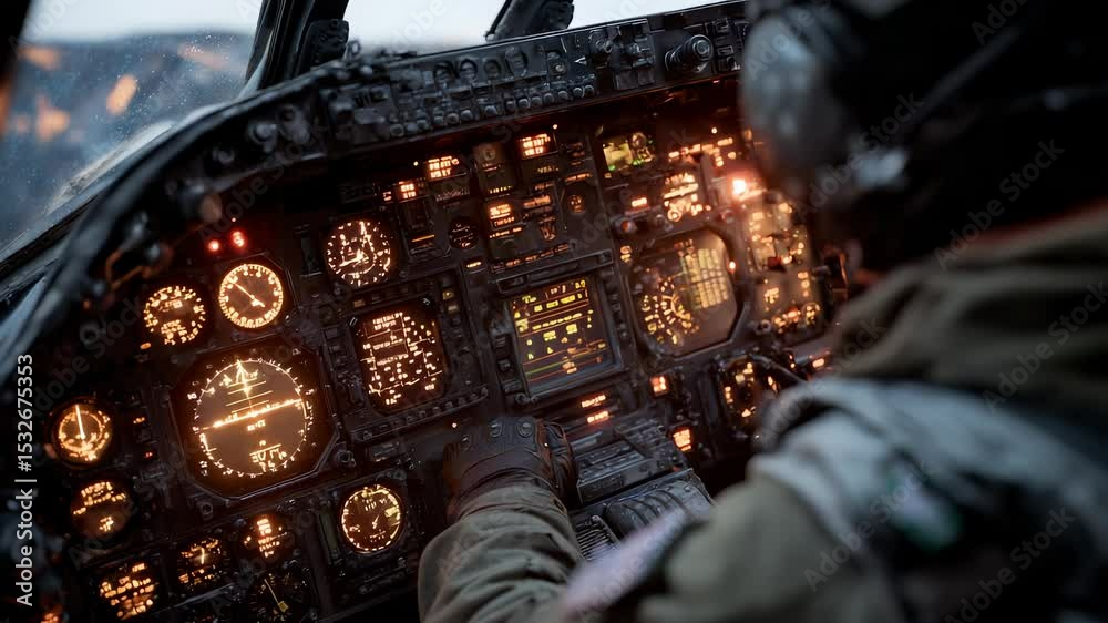 Pilot in Cockpit Flying Jet Fighter Plane, Illuminated Instrument Panel, Gauges, Screens, Military Aviation, High-Tech Avionics, Night Flight
