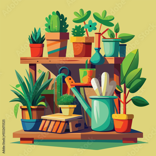 Realistic digital illustration of gardening tools and plants