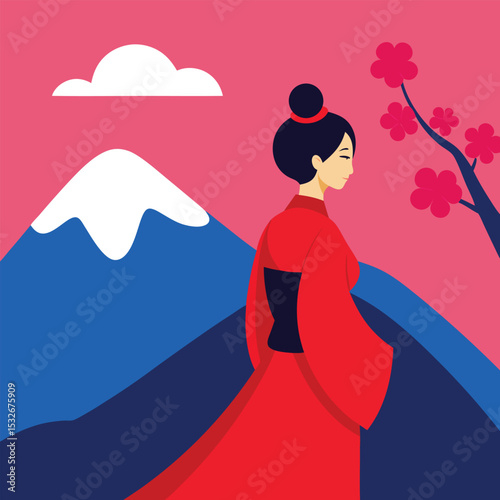 Woman in red kimono standing on a hilltop landscape