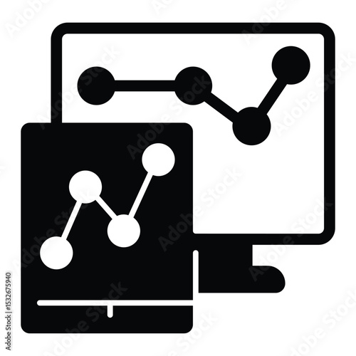 Monitor and tablet screen with chart solid icon, neural dataset concept. Vector graphics. Displays with data graphs sign on white background, style mobile or design.