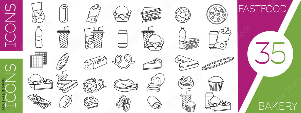 Naklejka premium Set of vector icons of fast food and bakery. Original vector icons of food and drinks.