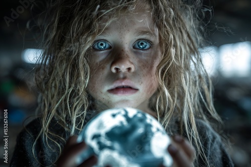 Enigmatic child with striking blue eyes holds glowing world amidst a shadowy backdrop while evoking emotions of hope and wonder in a seemingly abandoned place