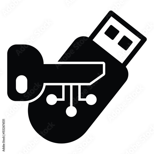 Key and flash drive solid icon, neural dataset concept. Vector graphics. Encrypted system digital access key, encryption sign on white background, style mobile or design.