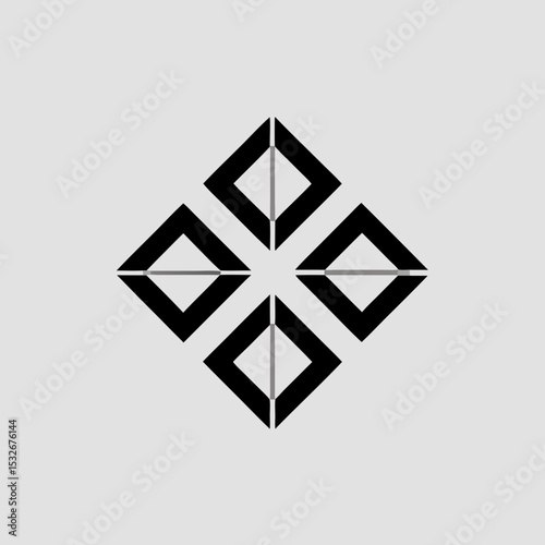 Create an intricate modular logo icon for a portfolio management brand. Use a component-based layout with squares and triangles arranged in a balanced composition. The logo should reflect diversificat