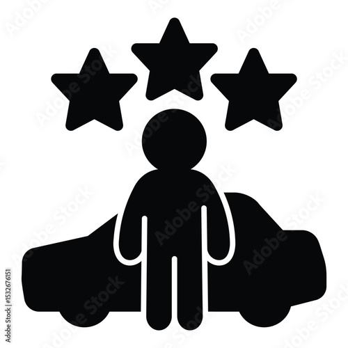 Man and stars with taxi car solid icon, neural dataset concept. Vector graphics. Famous service, feedback tracking sign on white background, style mobile or design.