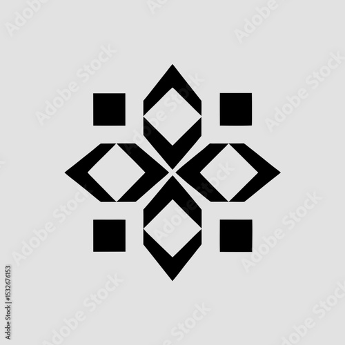 Create an intricate modular logo icon for a portfolio management brand. Use a component-based layout with squares and triangles arranged in a balanced composition. The logo should reflect diversificat