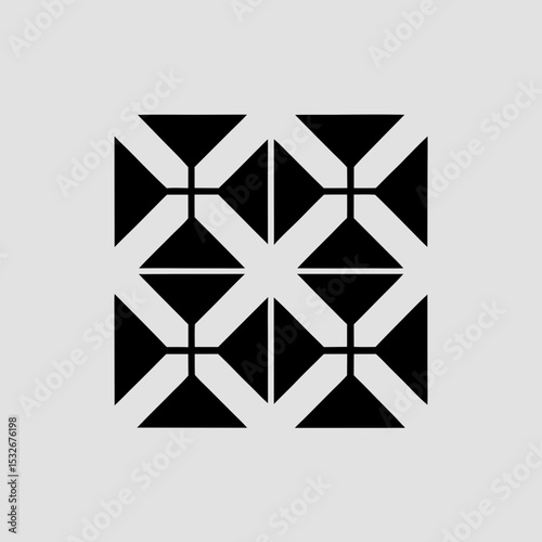 Create an intricate modular logo icon for a portfolio management brand. Use a component-based layout with squares and triangles arranged in a balanced composition. The logo should reflect diversificat