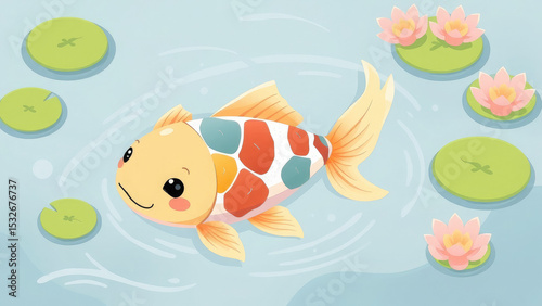 koi carp swimming in pond, ornamental fish, japanese garden, nature, stones, water, animal, illustration, cartoon
