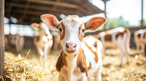 A curious calf stands in a barn, surrounded by hay and other cows.
