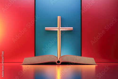 Holy Bible Jesus Christ Christian faith salvation gospel book cross red blue symmetrical