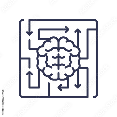 A brain icon navigates a maze, symbolizing flexible thinking and problem-solving. It represents cognitive adaptability and finding creative paths within a complex structure.