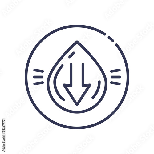 Line icon of a blood drop with a downward arrow, symbolizing the reduction of blood glucose. Represents hypoglycemia or the process of lowering high blood sugar levels for diabetes management.