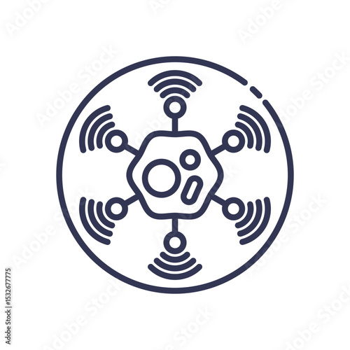 Line icon of a central sensor or cell with multiple nodes emitting signals. Symbolizes a highly sensitive system, network, or organism detecting and responding to various environmental stimuli.