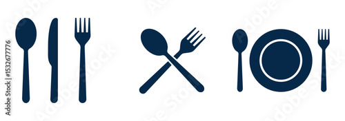 Silverware solid monochrome icon set. Dinner dish or plate with spoon and fork sign outline for apps and websites. eps 10
