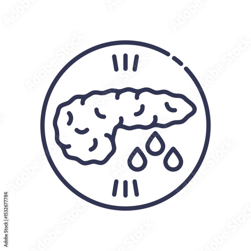 A line icon of the pancreas (source) secreting enzymes or hormones like insulin (action). Represents pancreatic function, digestion, and endocrine system health.