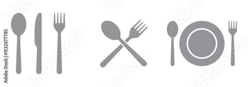 Tableware thin line icon set of fork, knife, spoon. Logotype menu. Cutlery and crockery sign. Flat style eating utensils symbol collection. Cutlery icon. restaurant business concept eps 10