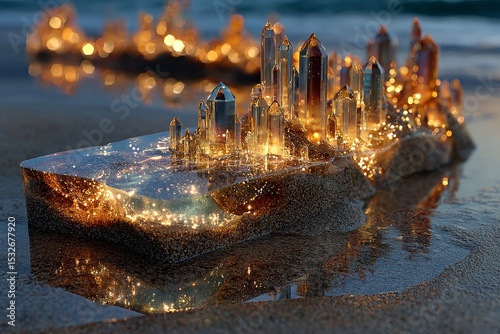 Glistening crystal formations emerge at twilight on a peaceful shoreline, capturing the shimmering colors of sunset and enchanting viewers with their surreal beauty