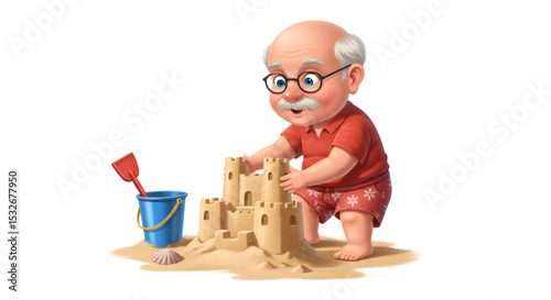 Elderly Man Building a Sandcastle A Whimsical Illustration
