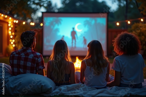 - Friends enjoying a backyard movie night under the stars - Friends in retro costumes recreating a classic film moment - Friends having a picnic movie night in the park