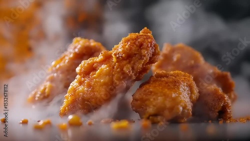 Crispy fried chicken wings sprinkled with spices, steaming on a dark surface with smoke in the background
