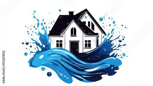 A stylized logo of a house surrounded by blue water splashes. The design emphasizes cleanliness and ecological themes, suitable for a cleaning company. photo
