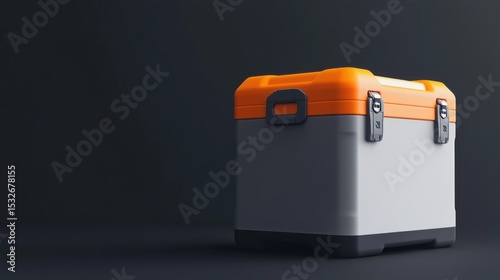 A gray and orange cleaning toolbox with a sturdy design. The toolbox is closed and placed on a dark background, emphasizing its modern look and functionality.