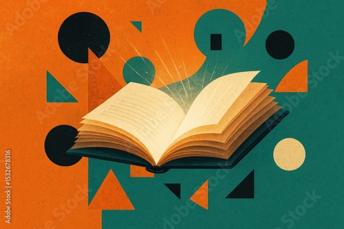 Open book glowing knowledge abstract shapes