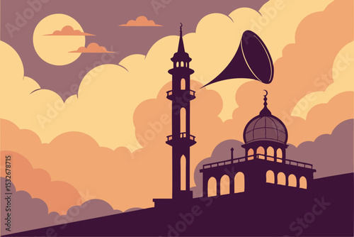 Silhouette of mosque minaret and loudspeaker against warm evening sky.