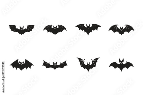 Set of Eight Black Bat Silhouettes - Halloween and Spooky Night Vector Collection