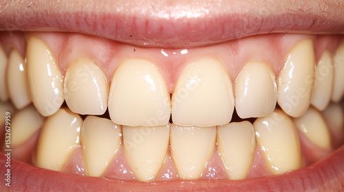 A close-up of a person's teeth, showing a healthy smile with white teeth and a slight gap between the front teeth.