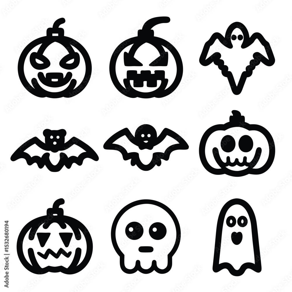 Obraz premium A set of simple, black and white Halloween icons including pumpkins, bats, ghosts, and a skull.