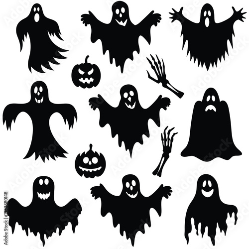 Collection of twelve different Halloween ghost silhouettes in various poses and expressions.