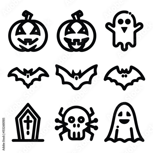 A collection of simple, black line art Halloween icons.