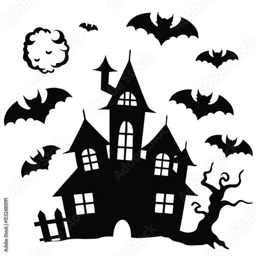 A dramatic silhouette of a gothic-style haunted house against a stark white background.