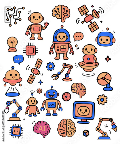 A set of robots and AI colorful doodle