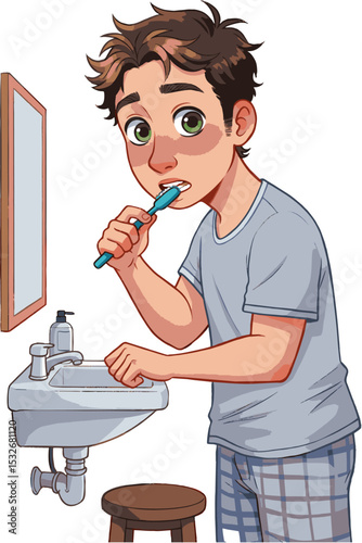 Morning Routine Young Man Brushing Teeth, Bathroom Illustration