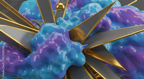 Stylized 3D abstract render with blue and purple translucent blobs and golden geometric accents.