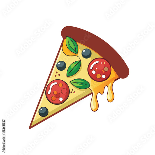 vector icon of Slice of italian pizza with salami, cheese, mushrooms and basil on white background in Adobe Illustrator Artwork