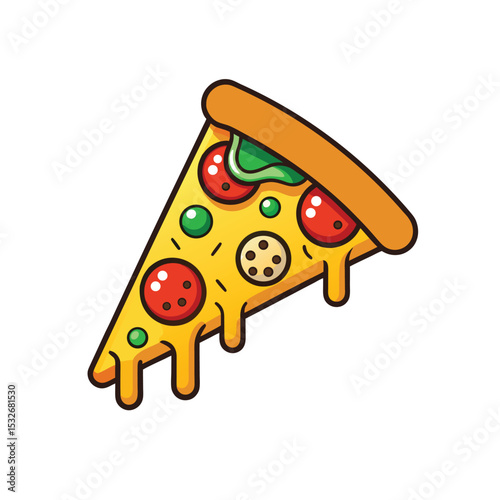 vector icon of Slice of italian pizza with salami, cheese, mushrooms and basil on white background in Adobe Illustrator Artwork