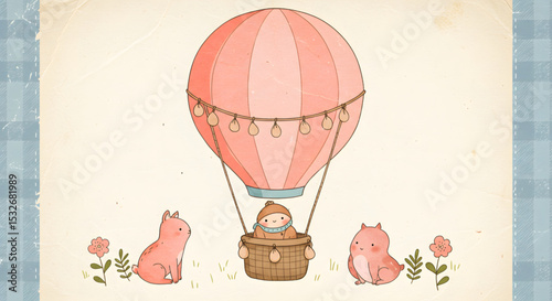 Whimsical Hot Air Balloon Adventure Cute Illustration of Child and Animals