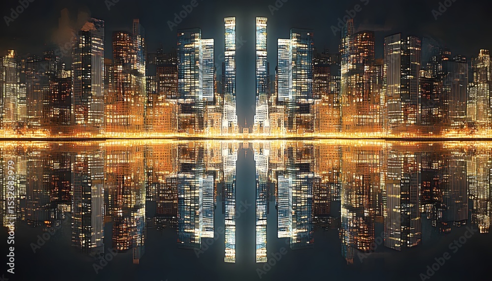 Naklejka premium City skyline reflected in calm water at night.