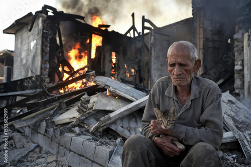 Elderly sad man sits near the ruins of his house, destroyed by a rocket, with a kitten in his arms.