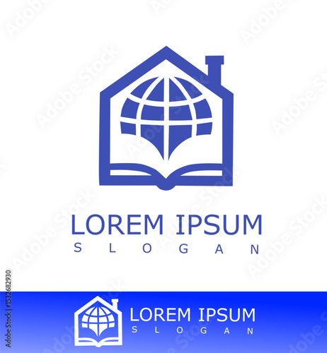 Global Education Logo Design with Book and House Icon