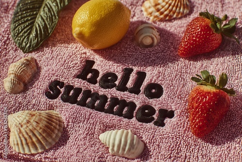 Bright lemon and vibrant strawberries celebrate summer on a textured pink towel surrounded by seashells, evoking warm beach vibes and joyful gatherings in sunny weather