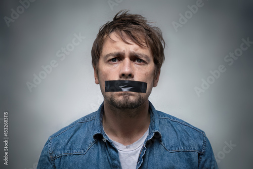 Man with his mouth taped shut looks sadly at the camera.