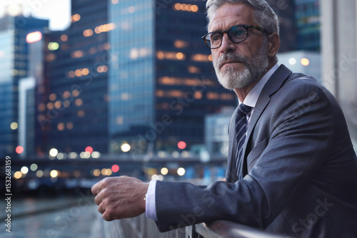 Businessman in a suit on the street of a metropolis.