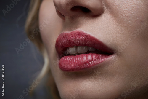 Fragment of a woman's face with lips painted with red lipstick.