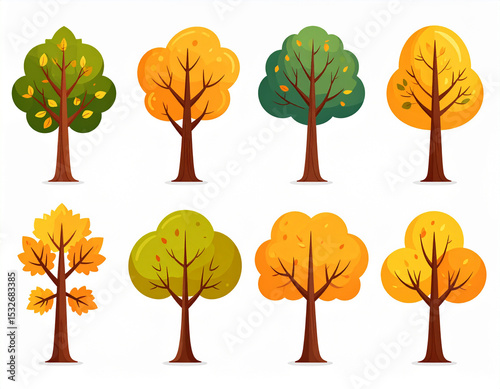 Cartoon trees in various stages of autumn foliage against a white background