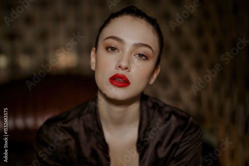 Sexy young woman with brightly painted lipstick.