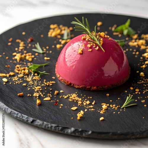 Velvety beetroot mousse quenelle on a black marble plate with edible gold flakes, beet mousse, gourmet plating, edible gold, marble dishware, artistic food, elegance, surreal, smooth, visual, cool